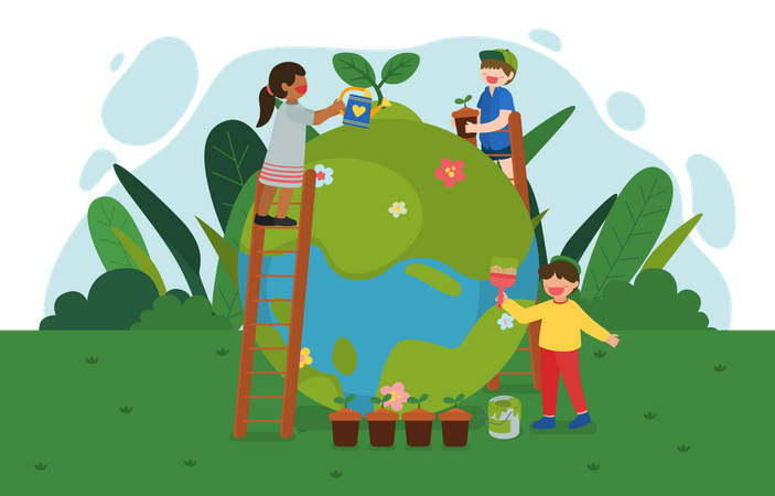 Little Kids Taking Care of plants  Illustration