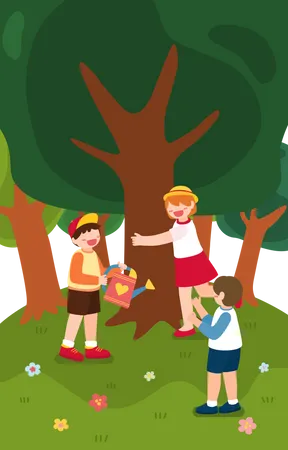 Little Kids Watering Tree Illustration