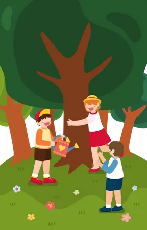 Little Kids Watering Tree  Illustration