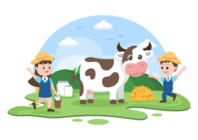 Little kids with cow Illustration