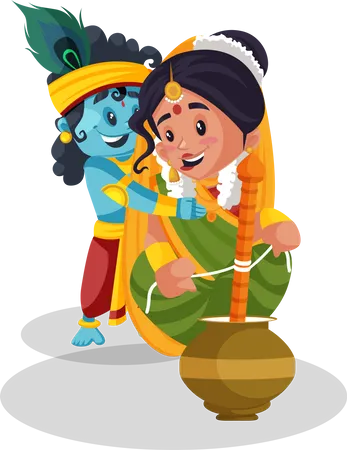 Little krishna teasing yashoda maa  Illustration