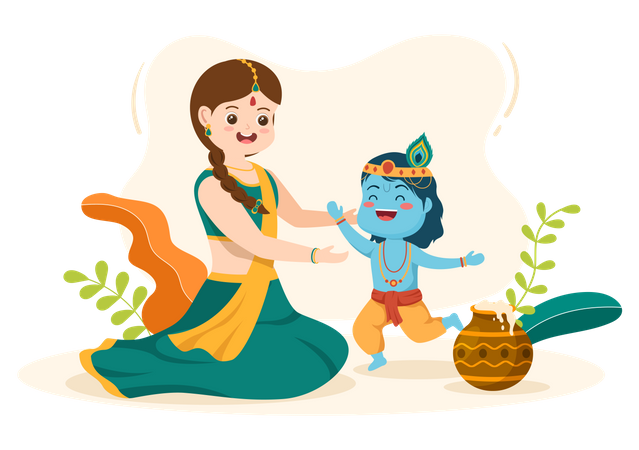 Little Krishna with mother yashoda Illustration