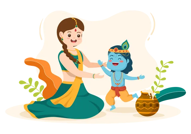 Happy Krishna Janmashtami Festival Of India With Bansuri And Flute Dahi Handi And Peacock Feather In Flat Cute Cartoon Background Illustration Illustration