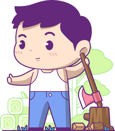 Little lumberjack cutting wooden logs  Illustration