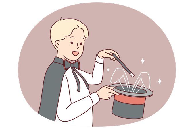 Little magician boy demonstrates magic trick by holding hat with rabbit and magic wand  Illustration