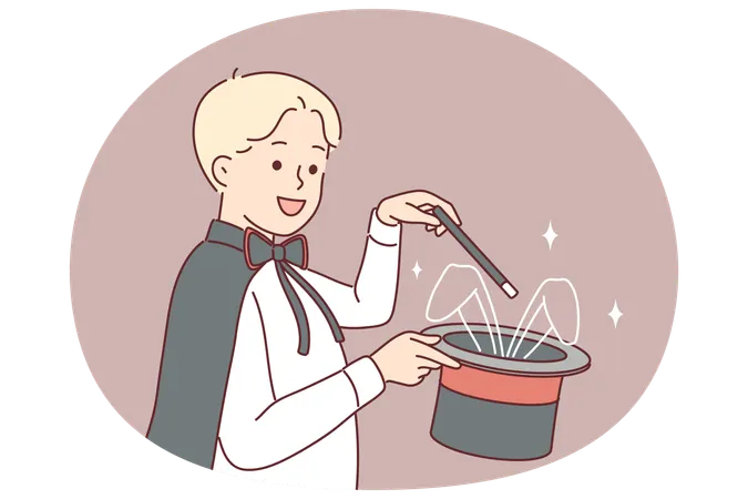 Little magician boy demonstrates magic trick by holding hat with rabbit and magic wand  Illustration