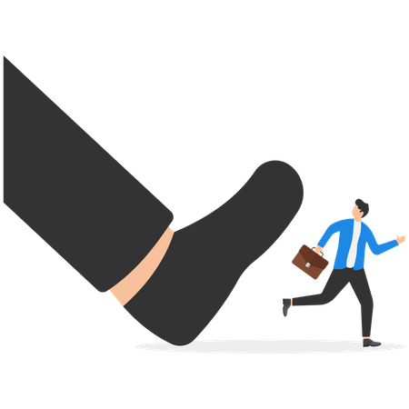 Little manager escaping from a giant foot  Illustration
