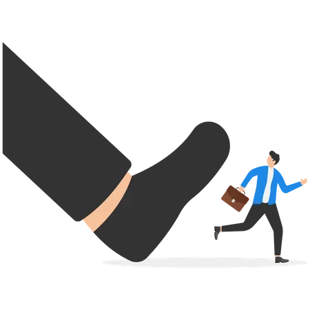 Little Manager Escaping From A Giant Foot Boss Squeezing Employee Risk Bankruptcy Unemployment Concept Vector Illustration Illustration
