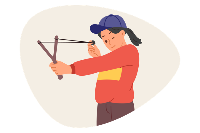 Little mischievous girl shoots with slingshot closing one eye to aim at target during weekend  Illustration