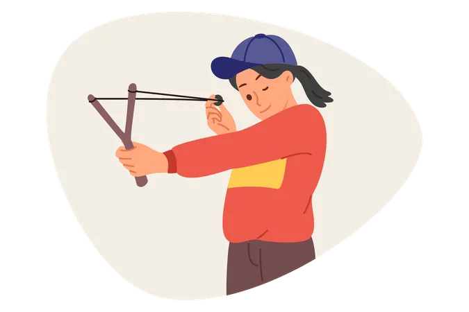 Little Mischievous Girl Shoots With Slingshot Closing One Eye To Aim At Target During Weekend Child Misbehaves By Shooting At Peers Or Glass With Homemade Slingshot With Stretched Rubber Band Illustration