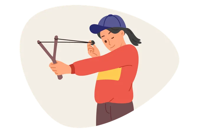 Little mischievous girl shoots with slingshot closing one eye to aim at target during weekend  Illustration