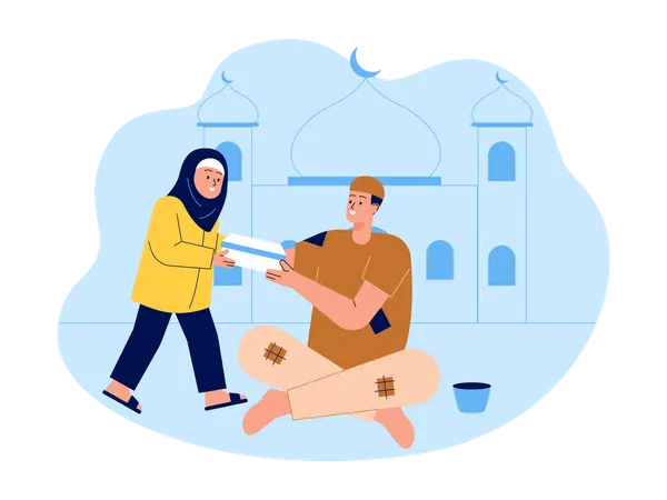 Little muslim girl giving arm to poor Illustration