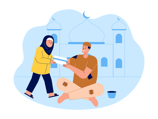 Little muslim girl giving arm to poor  Illustration