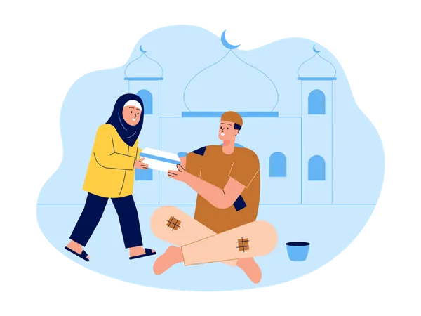 Little muslim girl giving arm to poor  Illustration