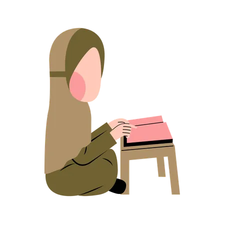 Little Muslim Girl Reading Quran  Illustration