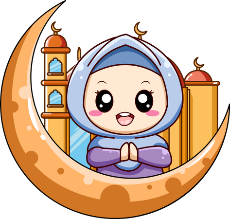 Little Muslim girl with moon and mosque Illustration