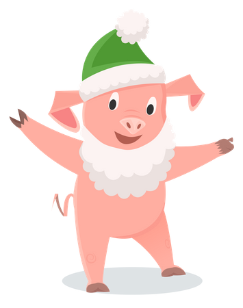 Little Pig with Christmas green Cap Illustration