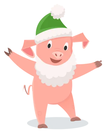 Little Pig with Christmas green Cap Illustration