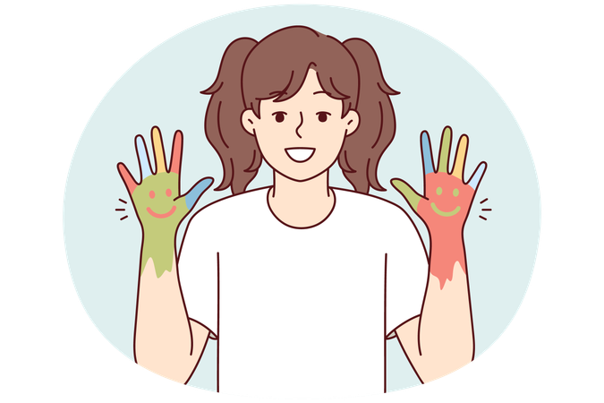 Little positive girl demonstration hands painted with paints with emoticons  Illustration