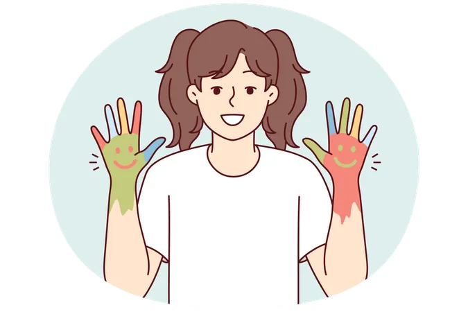 Little positive girl demonstration hands painted with paints with emoticons  Illustration