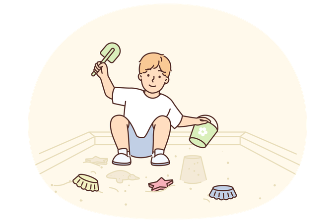 Little pre-teenage boy plays in sandbox enjoying outdoor recreation and summer walks  Illustration