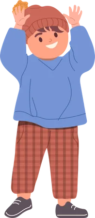 Little preschool boy standing with raised hands  Illustration
