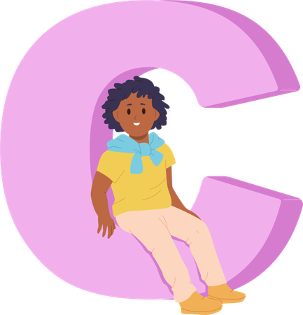 Little preschool child sitting on huge c letter  Illustration