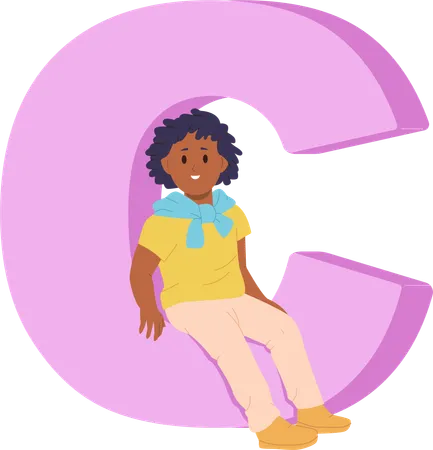 Little preschool child sitting on huge c letter  Illustration