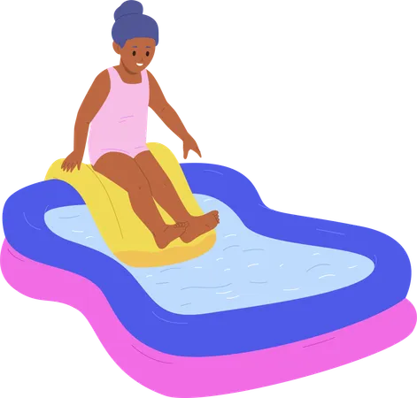 Little preschool girl playing sliding in swimming pool  Illustration