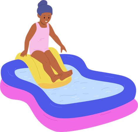 Little preschool girl playing sliding in swimming pool  Illustration