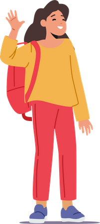 Little Pupil Girl with Backpack Waving Hand Illustration