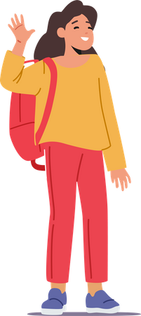 Little Pupil Girl with Backpack Waving Hand  Illustration