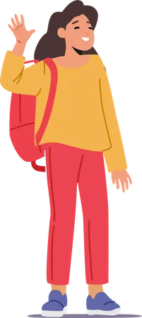 Little Pupil Girl with Backpack Waving Hand  Illustration