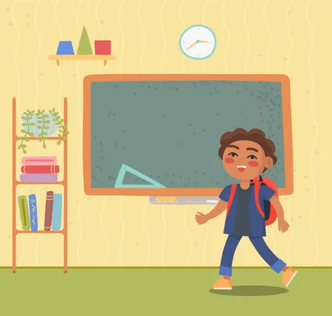 Little Pupil Boy Standing Near Chalkboard With Red Backpack School Classroom With Bookshelf Green Board And Clock Hanging On Wall Vector Illustration Back To School Concept Flat Cartoon Illustration