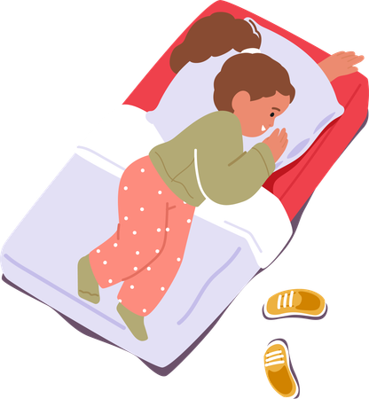 Little Relaxed Girl Character Sleeping on Mat In Kindergarten  일러스트레이션