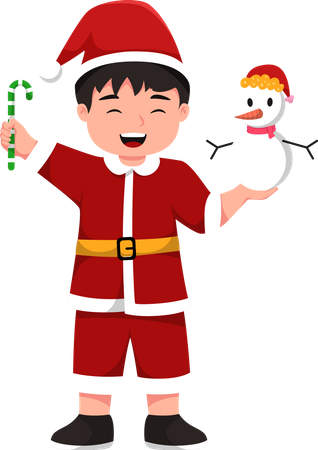 Little Santa holding snowman and candy  Illustration