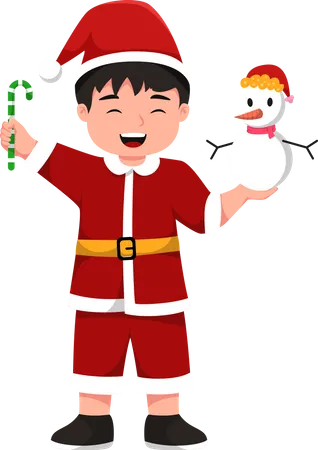 Little Santa holding snowman and candy  Illustration