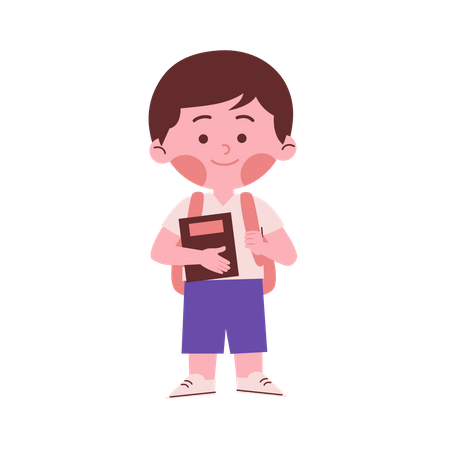 Little School Boy Holding Book and Backpack  Illustration