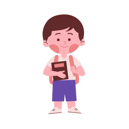 Little School Boy Holding Book and Backpack  Illustration