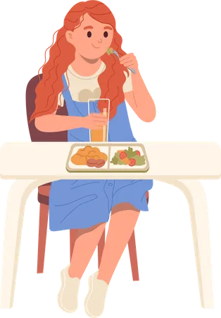 Little Schoolgirl Cartoon Character Eating Healthy Food And Drinking Juice At Elementary School Canteen Vector Illustration Isolated On White Background Happy Female Student Lunchtime At Dining Room Illustration