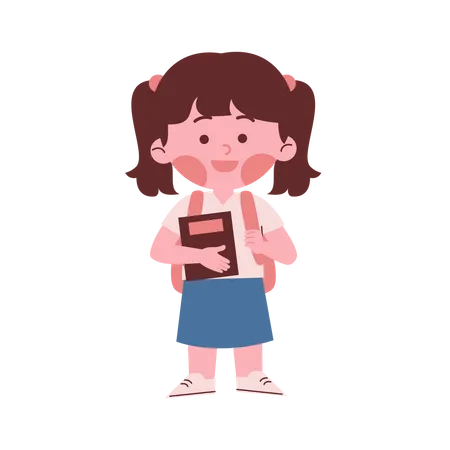 Little School Girl Holding Book and Backpack  Illustration
