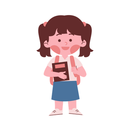 Little School Girl Holding Book and Backpack  Illustration