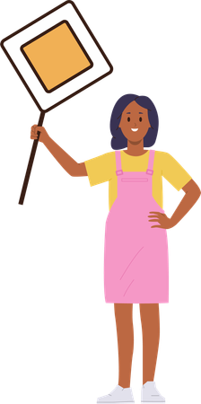 Little school girl holding give way road traffic sign  Illustration