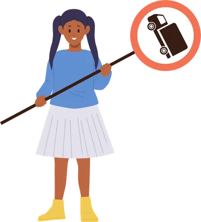 Little School Girl Child Cartoon Character Holding Road Traffic Sign With Truck Caution Pattern Isolated On White Background Education And Safety On Street Rules For Children Vector Illustration Illustration