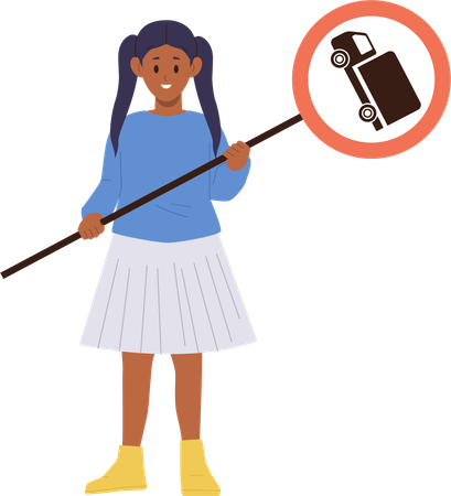 Little school girl holding road traffic sign with truck  Illustration