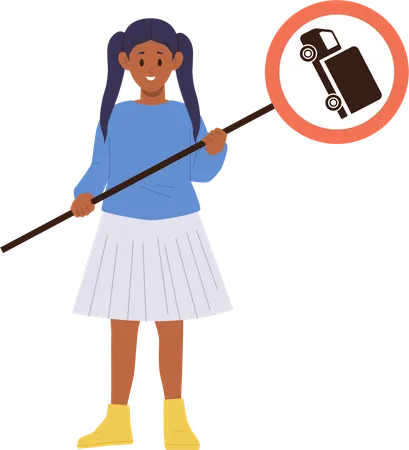 Little school girl holding road traffic sign with truck  Illustration