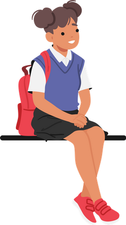 Little School girl Sitting On Bench  Illustration