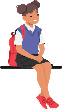 Little Schoolgirl Character Sits On A Bench Or Parapet Her School Bag Beside Of Her Back Lost In Contemplation She Takes A Peaceful Respite From Her Studies Cartoon People Vector Illustration Illustration