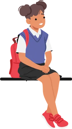 Little School girl Sitting On Bench  Illustration