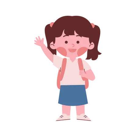 Little School Girl Waving Hand Illustration